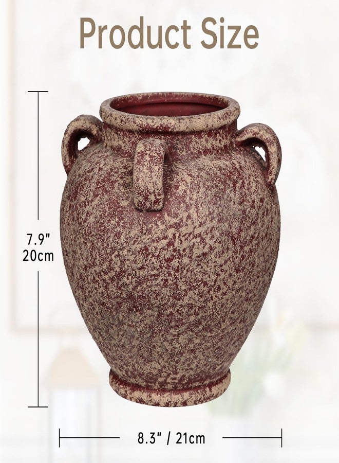 Arborus Rustic Ceramic Vase with Handles - Antique-Style Red Farmhouse Pottery Decorative Urn for Table Centerpiece, Mantel, Shelf, or Entryway Home Décor - Image 2